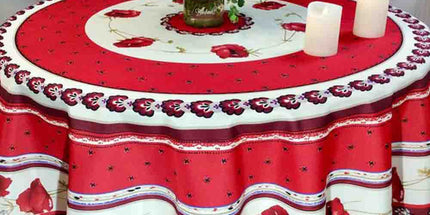 Nappe ronde castellane 1m80 polyester anti tache sans repassage motif coquelicot