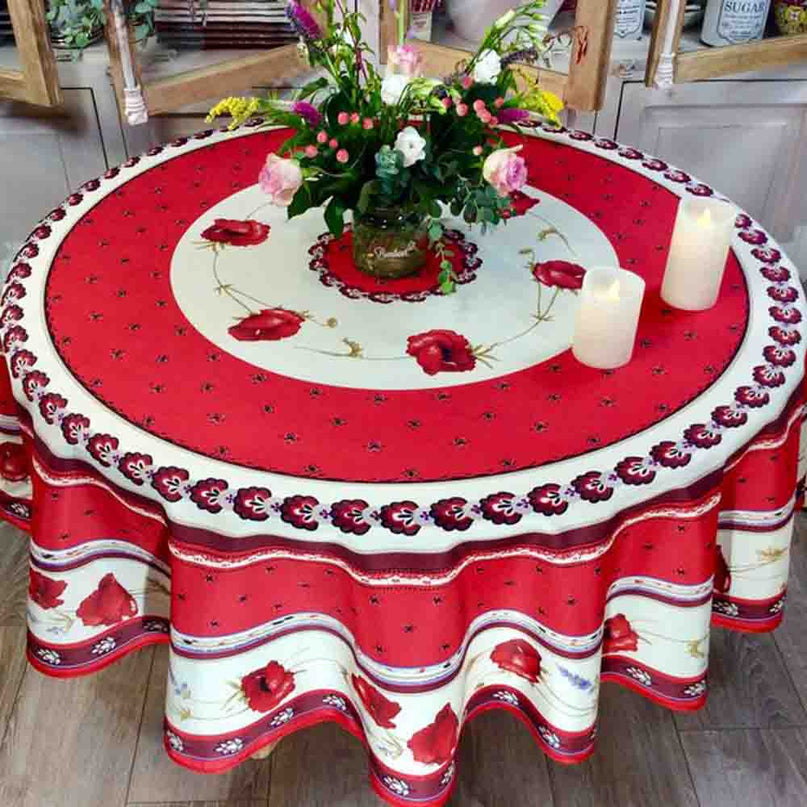 Nappe ronde castellane 1m80 polyester anti tache sans repassage motif coquelicot