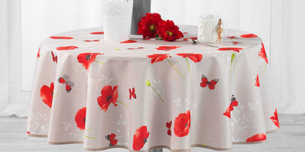 Nappe ronde sweet poppy 1m80 polyester antitache sans repassage motif coquelicot papillon