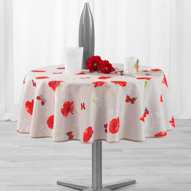 Nappe ronde sweet poppy 1m80 polyester antitache sans repassage motif coquelicot papillon