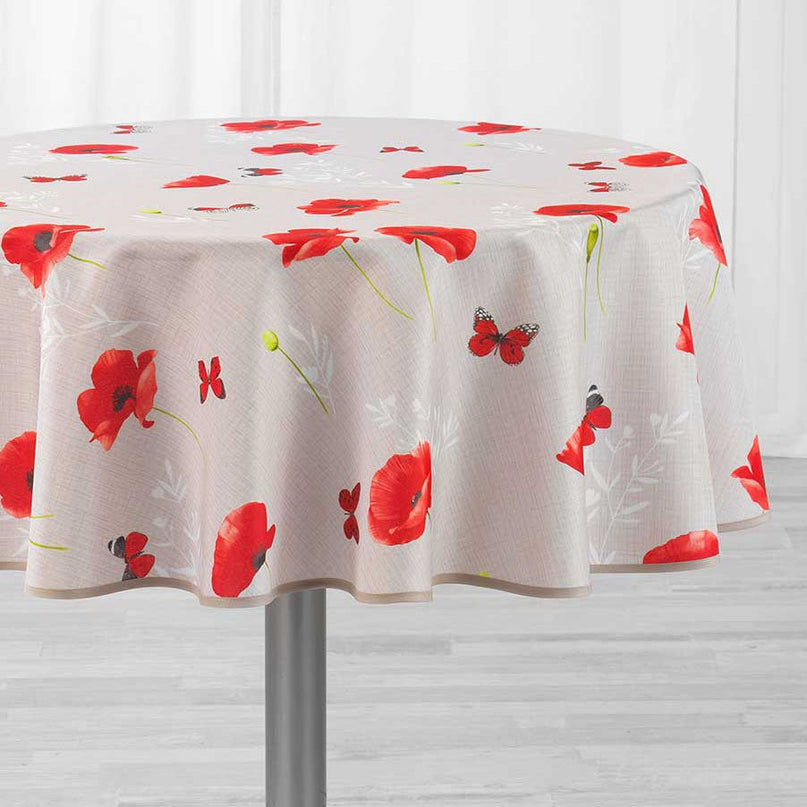 Nappe ronde sweet poppy 1m80 polyester antitache sans repassage motif coquelicot papillon