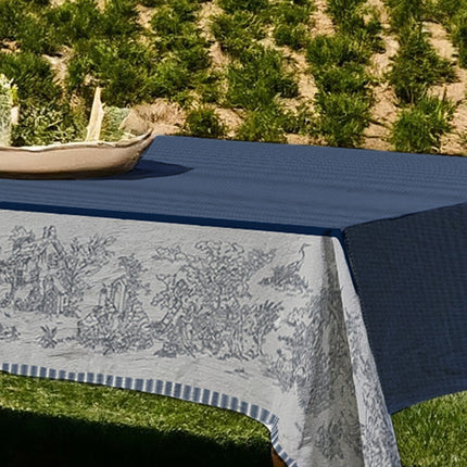 Nappe rectangle Toile de jouy bleu coton jacquard traité Téflon 3m x 1m60