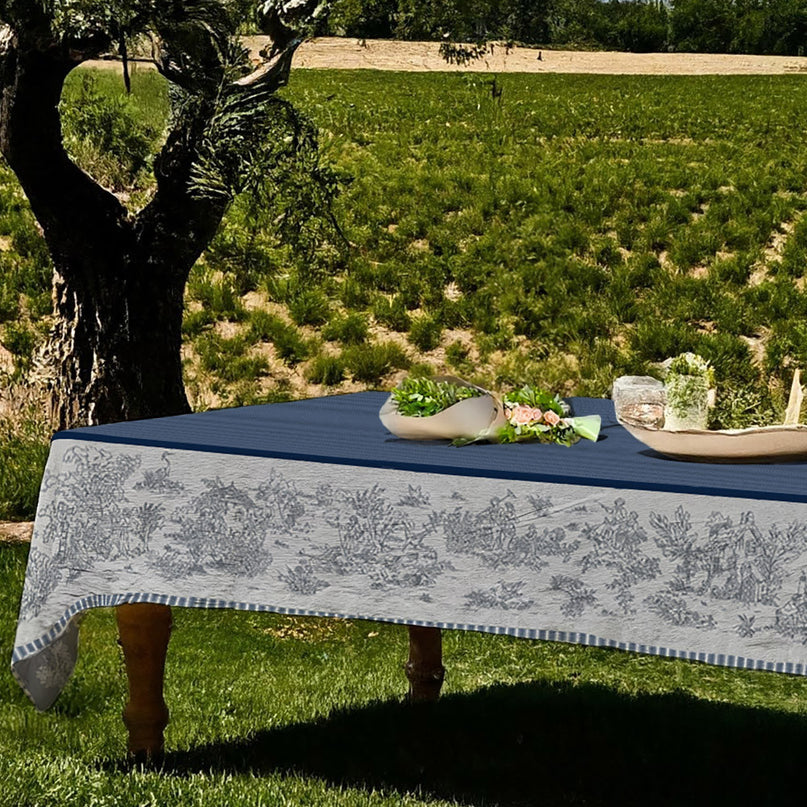 Nappe rectangle Toile de jouy bleu coton jacquard traité Téflon 3m x 1m60