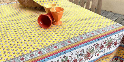 Nappe rectangle provençale Gordes double bordure jaune coton enduit plastifié 3m x 1m60