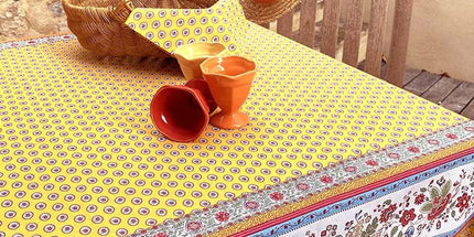 Nappe rectangle provençale Gordes double bordure jaune coton enduit plastifié 3m50 x 1m60