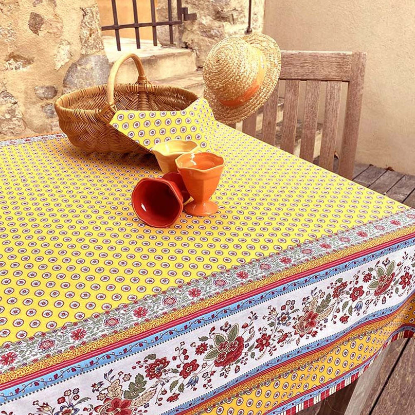 Nappe rectangle provençale Gordes double bordure jaune coton enduit plastifié 3m50 x 1m60