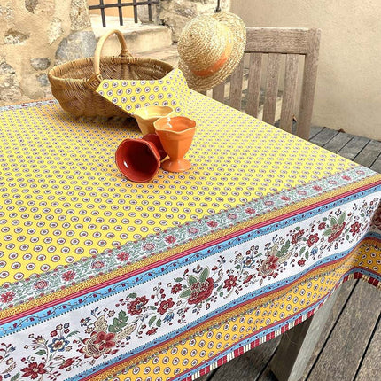 Nappe rectangle provençale Gordes double bordure jaune coton enduit plastifié 3m50 x 1m60