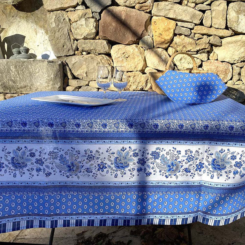 Nappe rectangle provençale Gordes double bordure bleu coton enduit plastifié 2m x 1m60