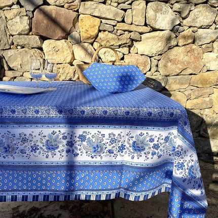 Nappe rectangle provençale Gordes double bordure bleu coton enduit plastifié 3m x 1m60