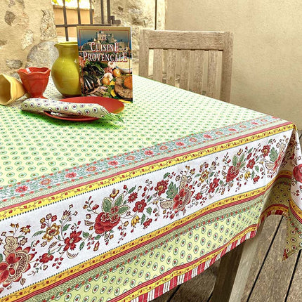 Nappe rectangle provençale Gordes double bordure vert coton enduit plastifié 2m50 x 1m60