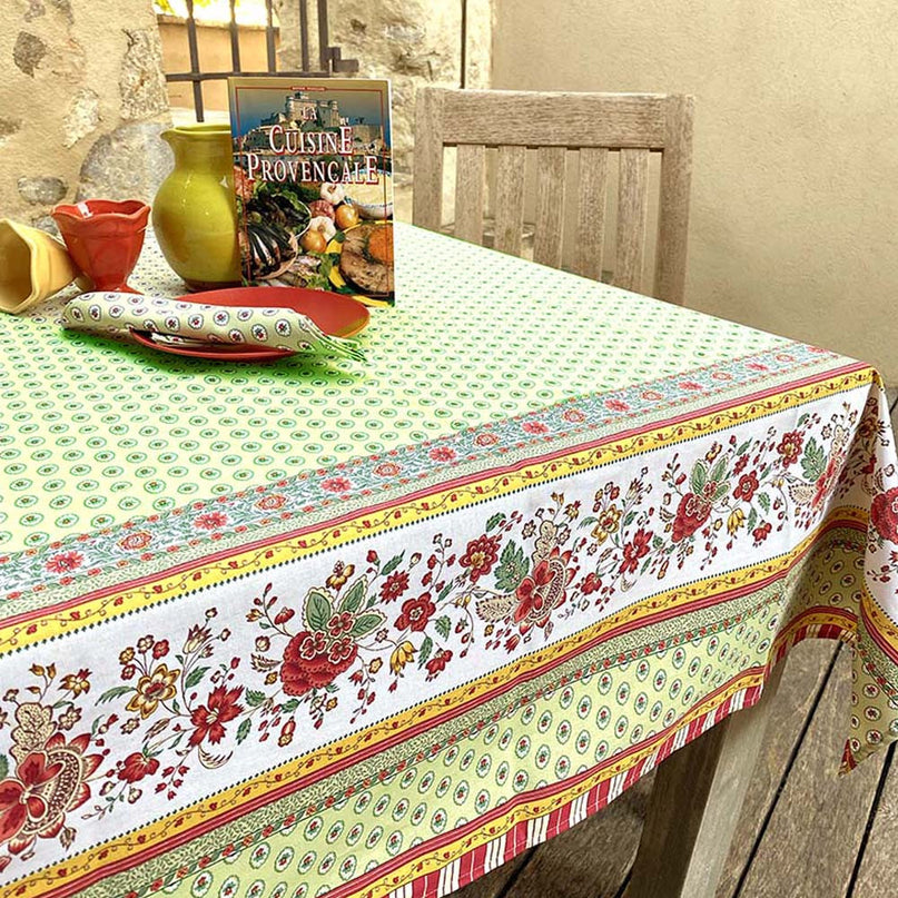 Nappe rectangle provençale Gordes double bordure vert coton enduit plastifié 3m x 1m60