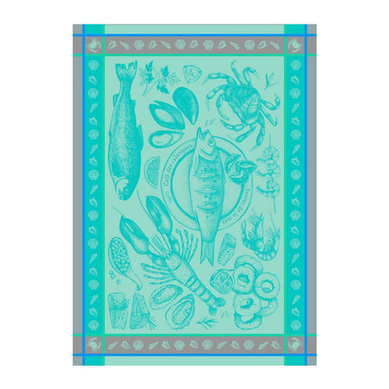 Torchon coton tissé jacquard Fruits de Mer bleu 50 cm X 70 cm Coton