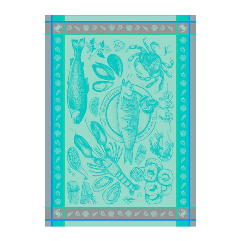 Torchon coton tissé jacquard Fruits de Mer bleu 50 cm X 70 cm Coton