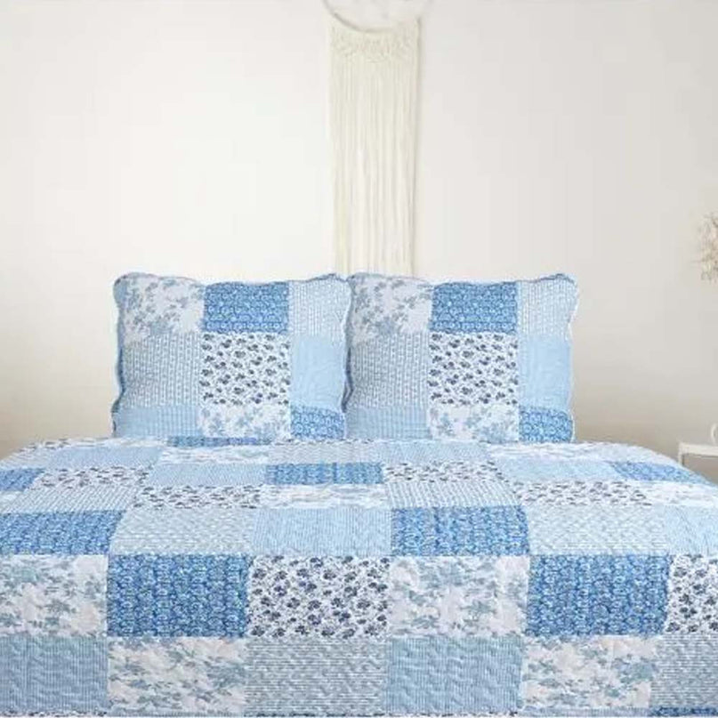 Couvre Lit  Boutis mimosa bleu 2m30 x 2m50  + 2 taies d'oreillers