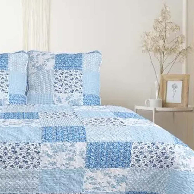 Couvre Lit  Boutis mimosa bleu 2m30 x 2m50  + 2 taies d'oreillers