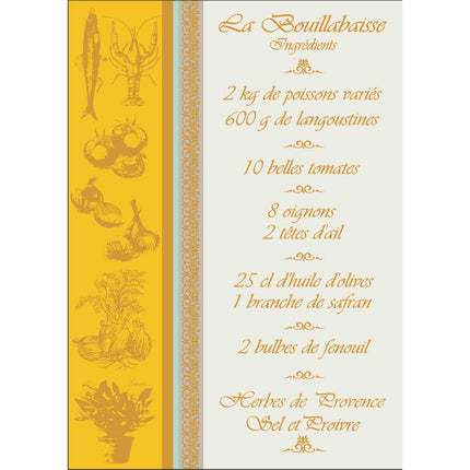 Torchon rectangle coton tissé jacquard Recette Bouillabaisse Gold 50 cm X 70 cm