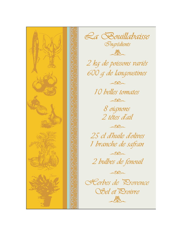 Torchon rectangle coton tissé jacquard Recette Bouillabaisse Gold 50 cm X 70 cm