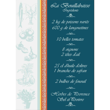 Torchon rectangle coton tissé jacquard Recette Bouillabaisse océan 50 cm X 70 cm