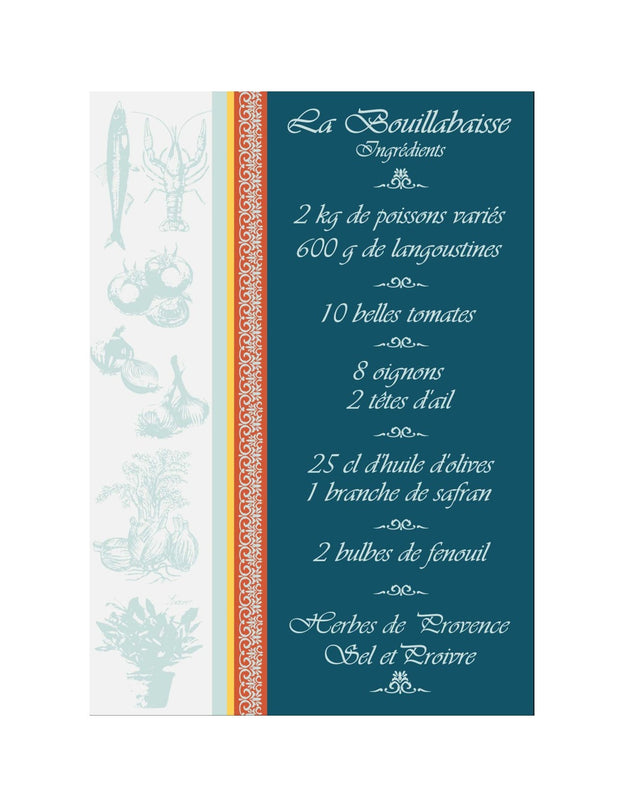 Torchon rectangle coton tissé jacquard Recette Bouillabaisse océan 50 cm X 70 cm