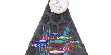 Essuie main rond en éponge Tissage Jacquard sardines quartz gris anthracite Qualité Premium