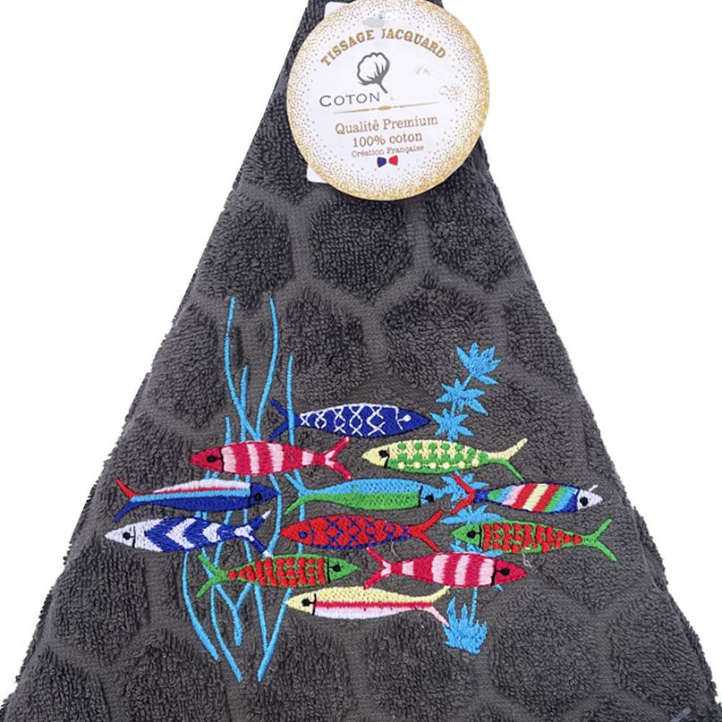 Essuie main rond en éponge Tissage Jacquard sardines quartz gris anthracite Qualité Premium