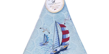 Essuie main rond en éponge Tissage Jacquard Voilier et Mouette bleu ciel Qualité Premium