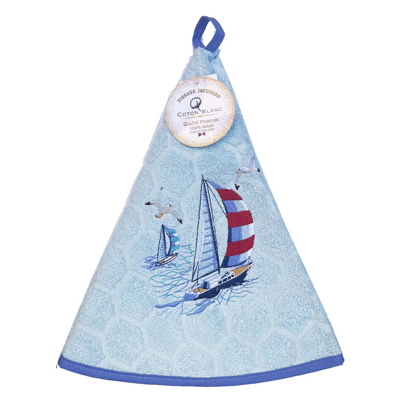 Essuie main rond en éponge Tissage Jacquard Voilier et Mouette bleu ciel Qualité Premium