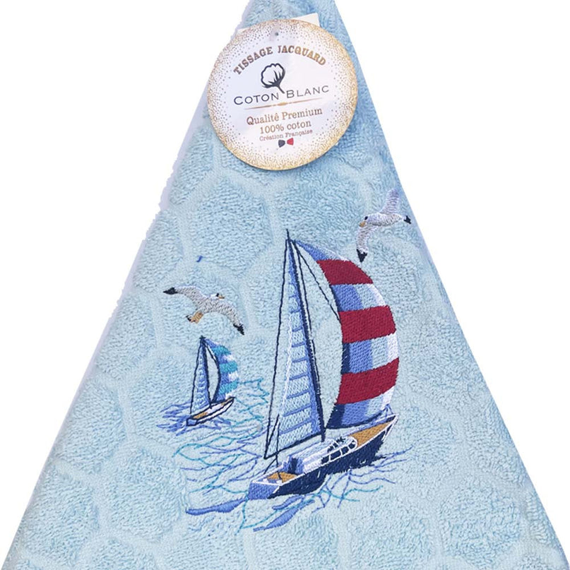 Essuie main rond en éponge Tissage Jacquard Voilier et Mouette bleu ciel Qualité Premium