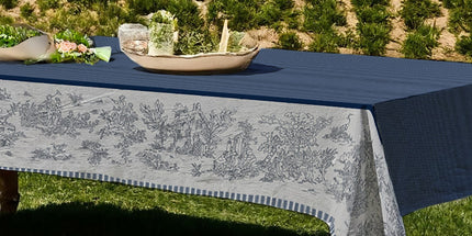 Nappe rectangle Toile de jouy bleu coton jacquard traité Téflon 2m x 1m60