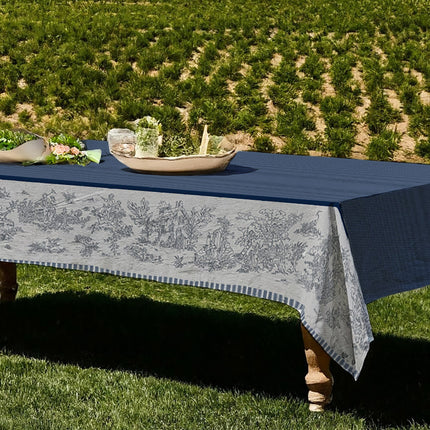 Nappe rectangle Toile de jouy bleu coton jacquard traité Téflon 2m x 1m60