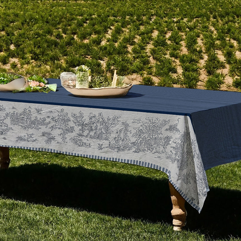 Nappe rectangle Toile de jouy bleu coton jacquard traité Téflon 2m x 1m60