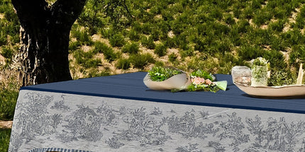 Nappe rectangle Toile de jouy bleu coton jacquard traité Téflon 2m x 1m60