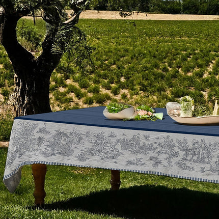 Nappe rectangle Toile de jouy bleu coton jacquard traité Téflon 2m x 1m60