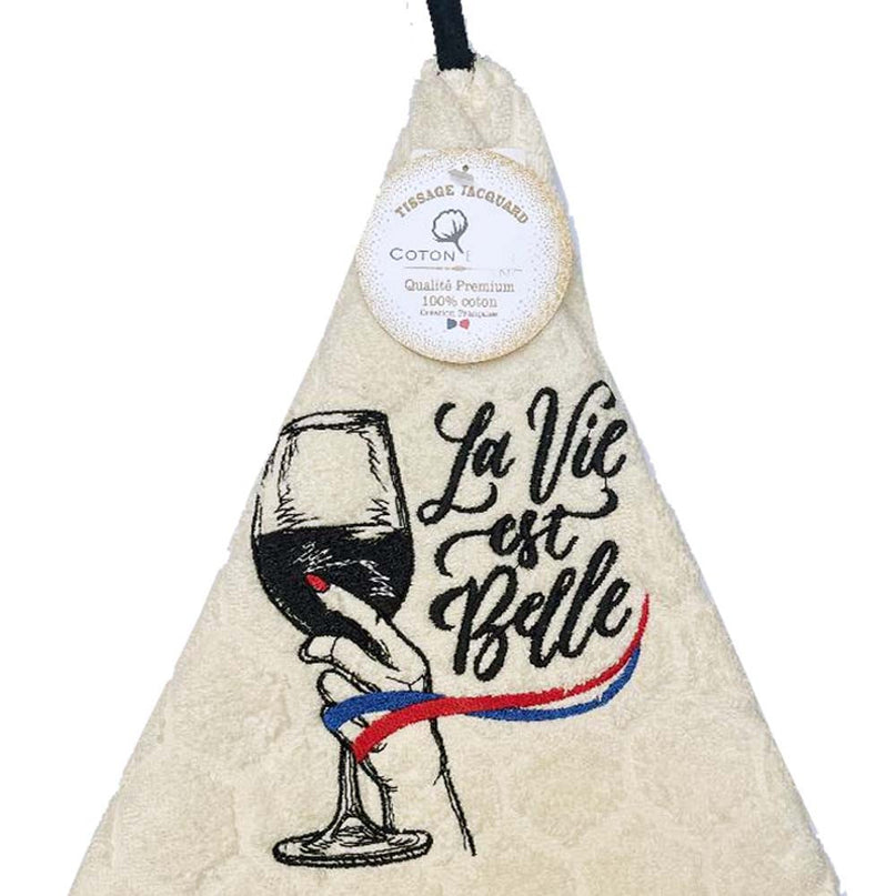 Essuie main rond en éponge Tissage Jacquard écru La vie est belle Qualité Premium