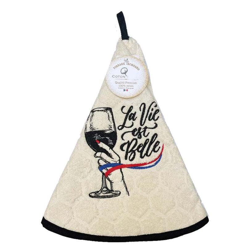 Essuie main rond en éponge Tissage Jacquard écru La vie est belle Qualité Premium