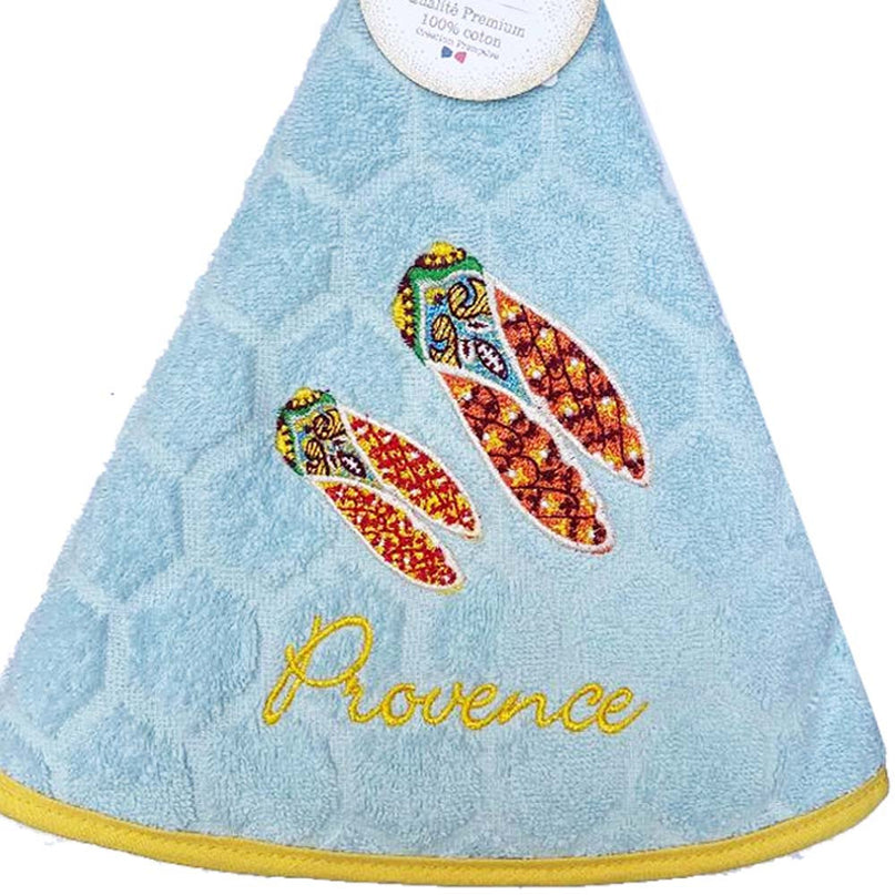 Essuie main rond en éponge Tissage Jacquard cigale bleu ciel Qualité Premium