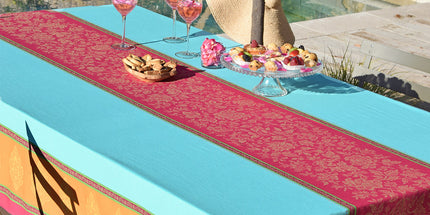 Nappe rectangle coton tissé jacquard traitée Téflon antitache caprice turquoise double bordure  300 cm x 160 cm