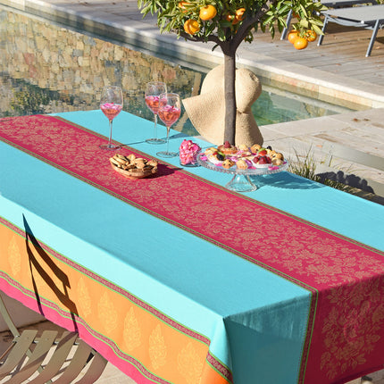 Nappe rectangle coton tissé jacquard traitée Téflon antitache caprice turquoise double bordure  300 cm x 160 cm