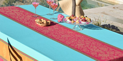 Nappe rectangle coton tissé jacquard traitée Téflon antitache caprice turquoise double bordure  200 cm x 160 cm