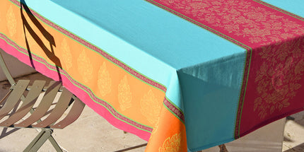 Nappe rectangle coton tissé jacquard traitée Téflon antitache caprice turquoise double bordure  350 cm x 160 cm