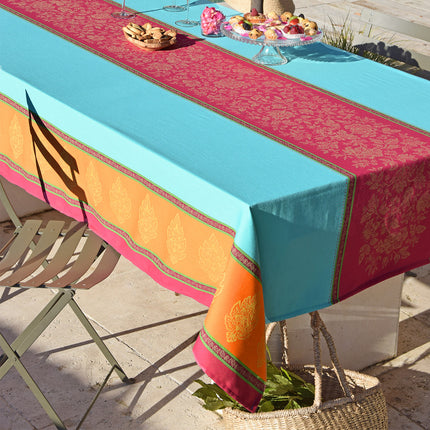 Nappe rectangle coton tissé jacquard traitée Téflon antitache caprice turquoise double bordure  350 cm x 160 cm