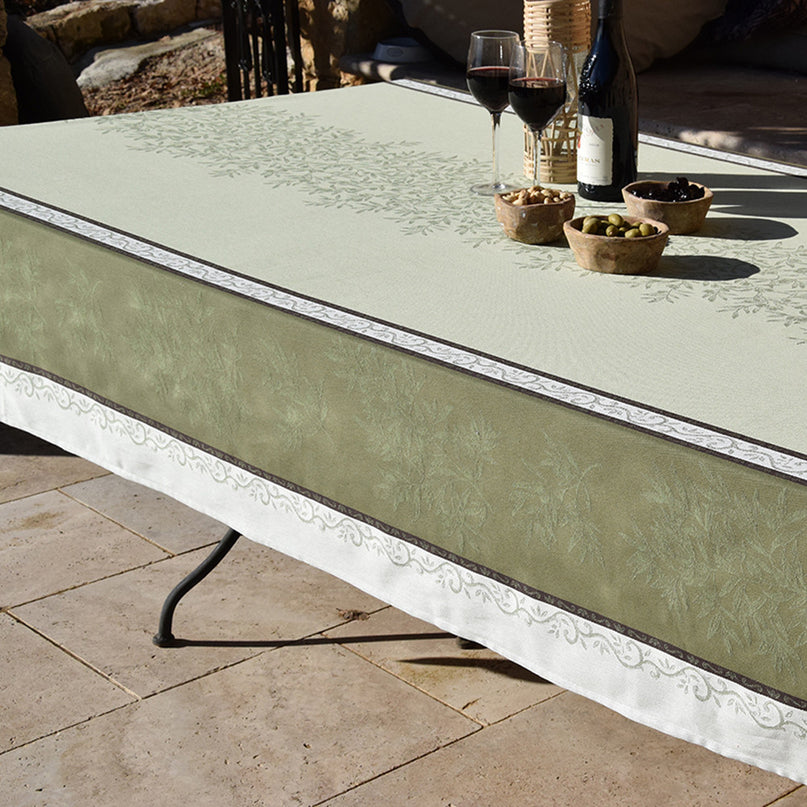 Nappe Provençale Rectangulaire Coton Jacquard Téflon Olives Vertes Double Bordure 2m x 1m60