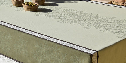 Nappe Provençale Rectangulaire Coton Jacquard Téflon Olives Vertes Double Bordure 2m x 1m60