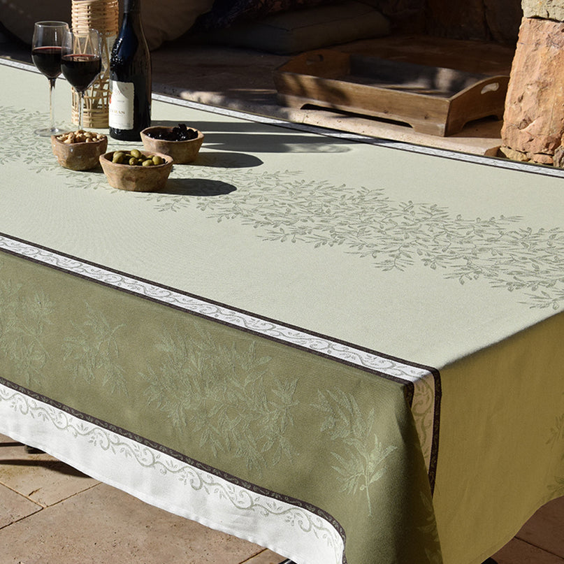 Nappe Provençale Rectangulaire Coton Jacquard Téflon Olives Vertes Double Bordure 2m x 1m60