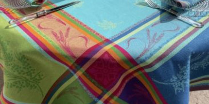 Nappe jacquard carrée coton tissé traité téflon cézanne turquoise 160 cm x 160 cm