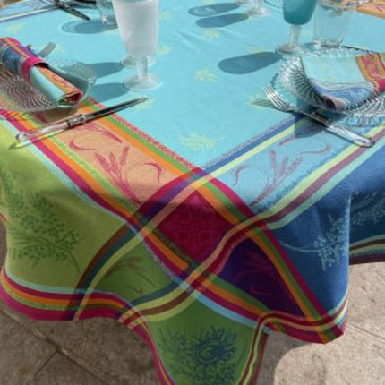 Nappe jacquard carrée coton tissé traité téflon cézanne turquoise 160 cm x 160 cm