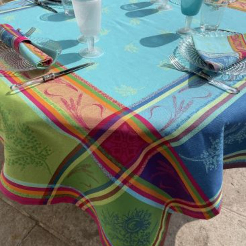 Nappe jacquard rectangle coton tissé traité téflon cézanne turquoise 350 cm x 160 cm