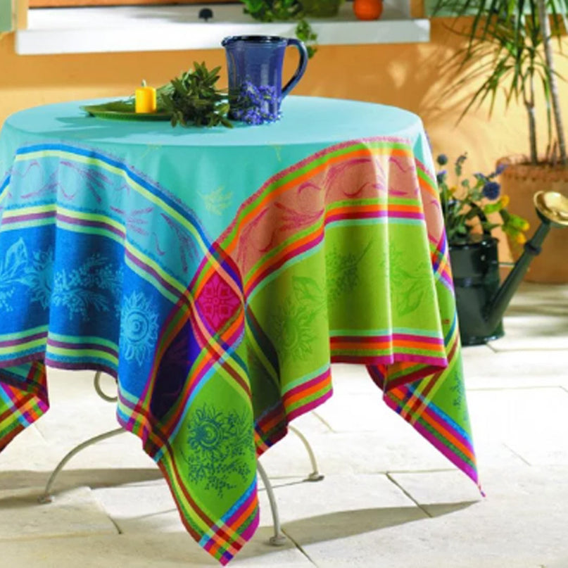 Nappe jacquard rectangle coton tissé traité téflon cézanne turquoise 350 cm x 160 cm