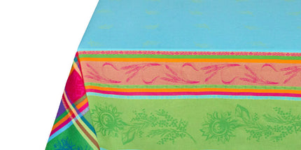 Nappe jacquard rectangle coton tissé traité téflon cézanne turquoise 350 cm x 160 cm