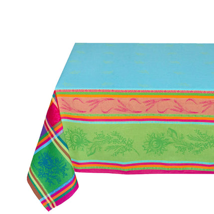 Nappe jacquard rectangle coton tissé traité téflon cézanne turquoise 350 cm x 160 cm